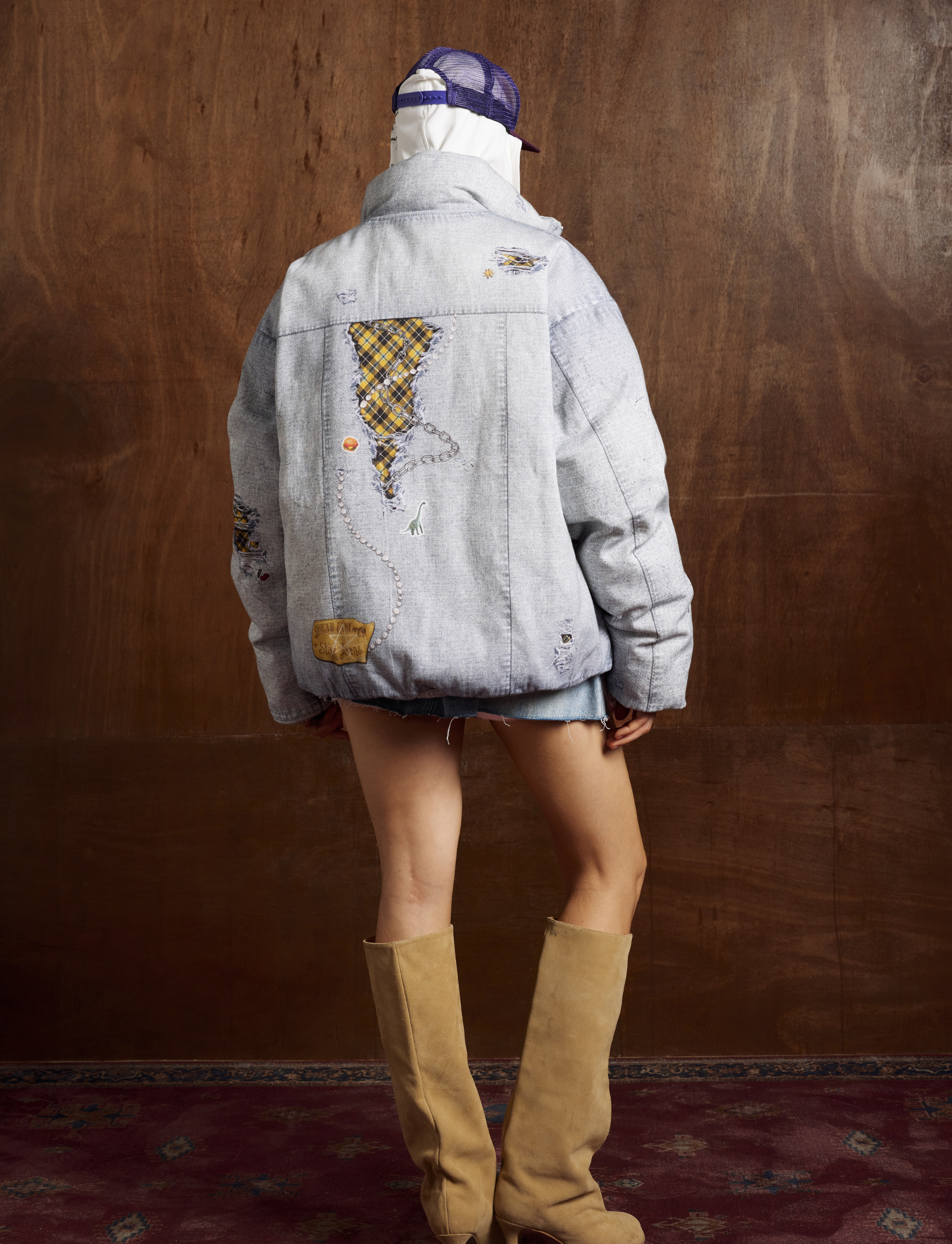 Omirad Patchwork Distressed Denim Puffer Jacket