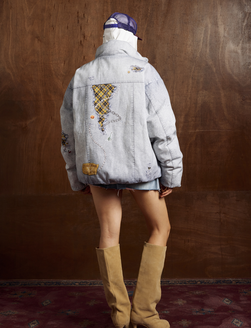 Omirad Patchwork Distressed Denim Puffer Jacket