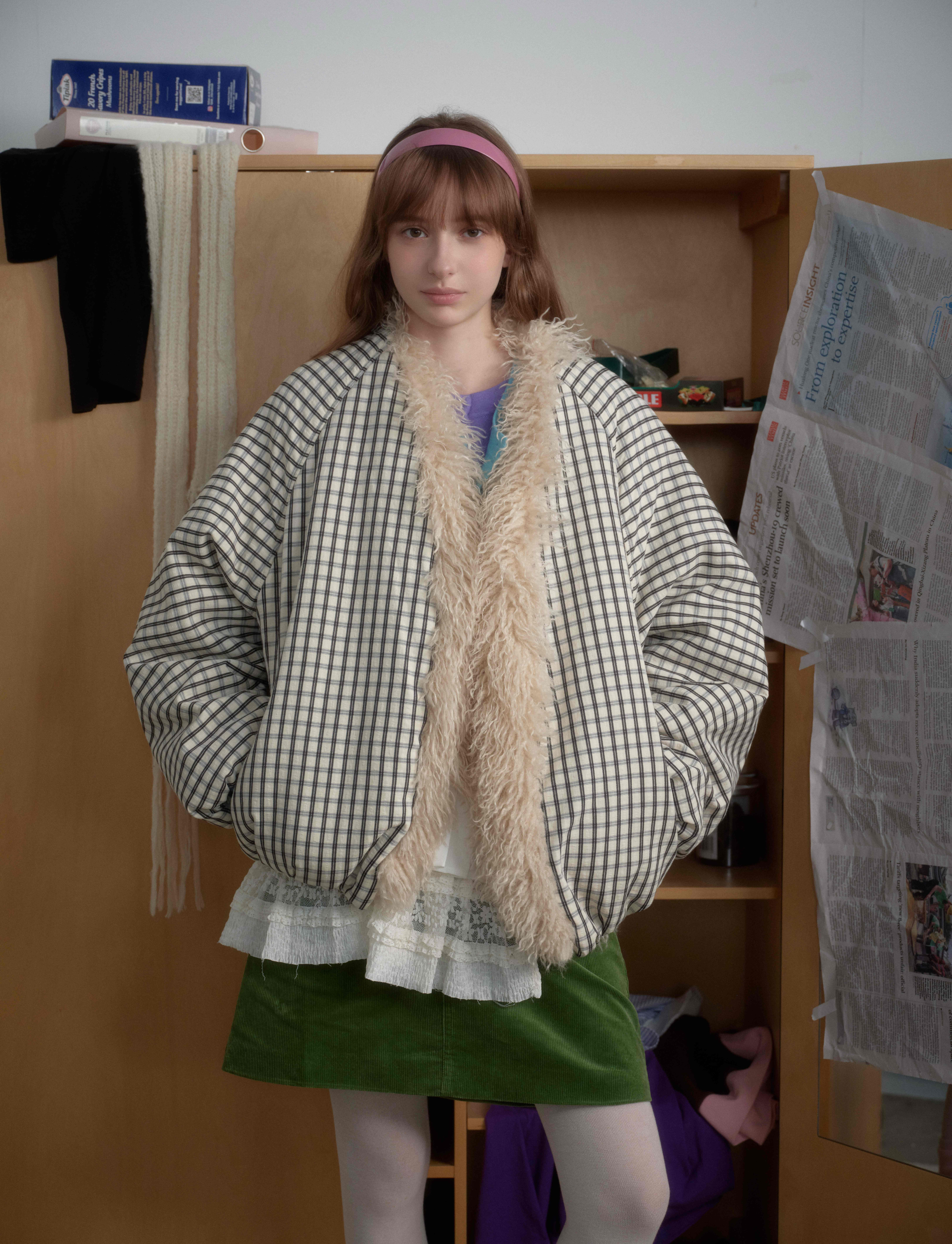 Checkered Faux-Fur Lined Oversized Jacket | SEAKOFF