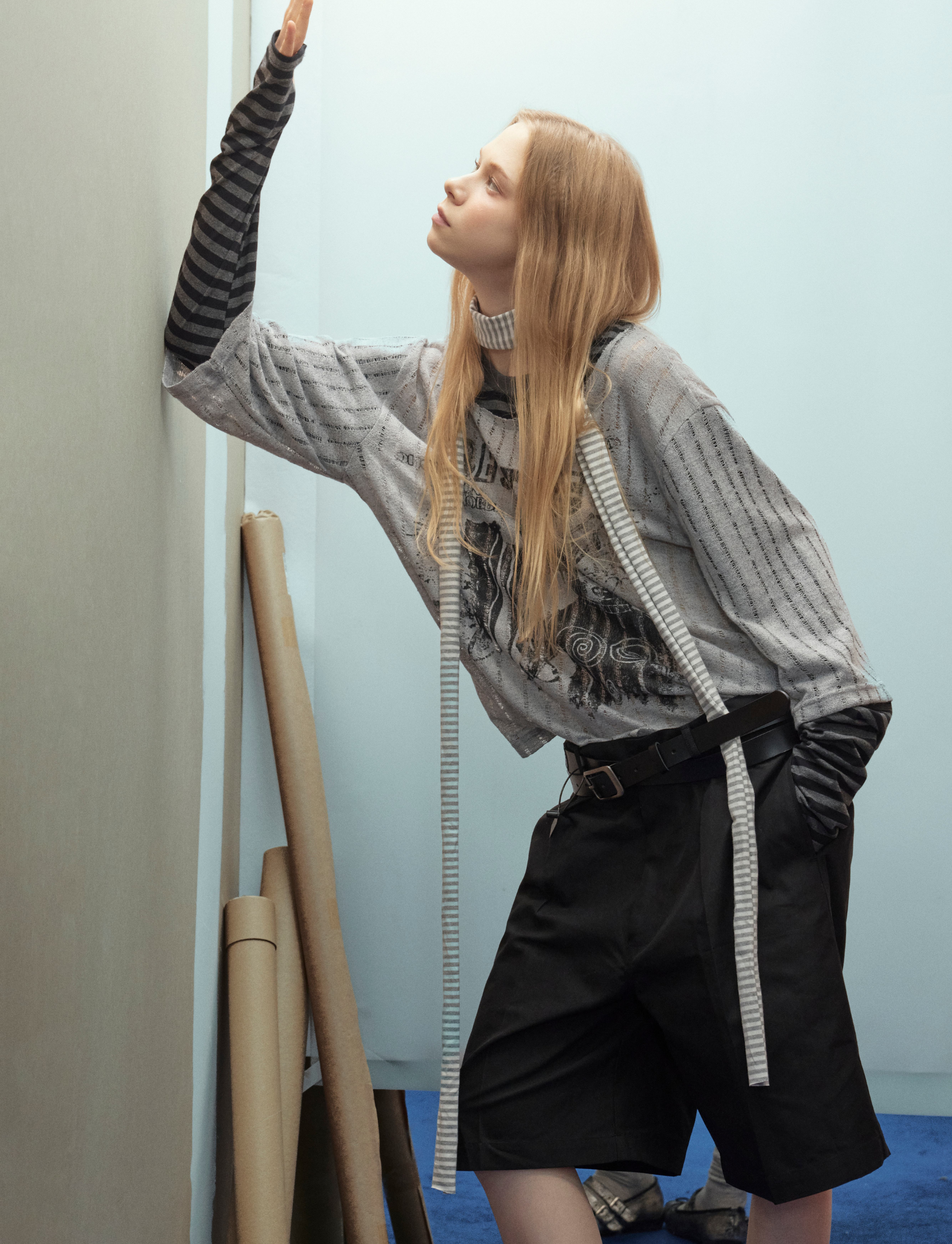 Omirad Layered Grunge Graphic Sweater | Striped Sleeve Top