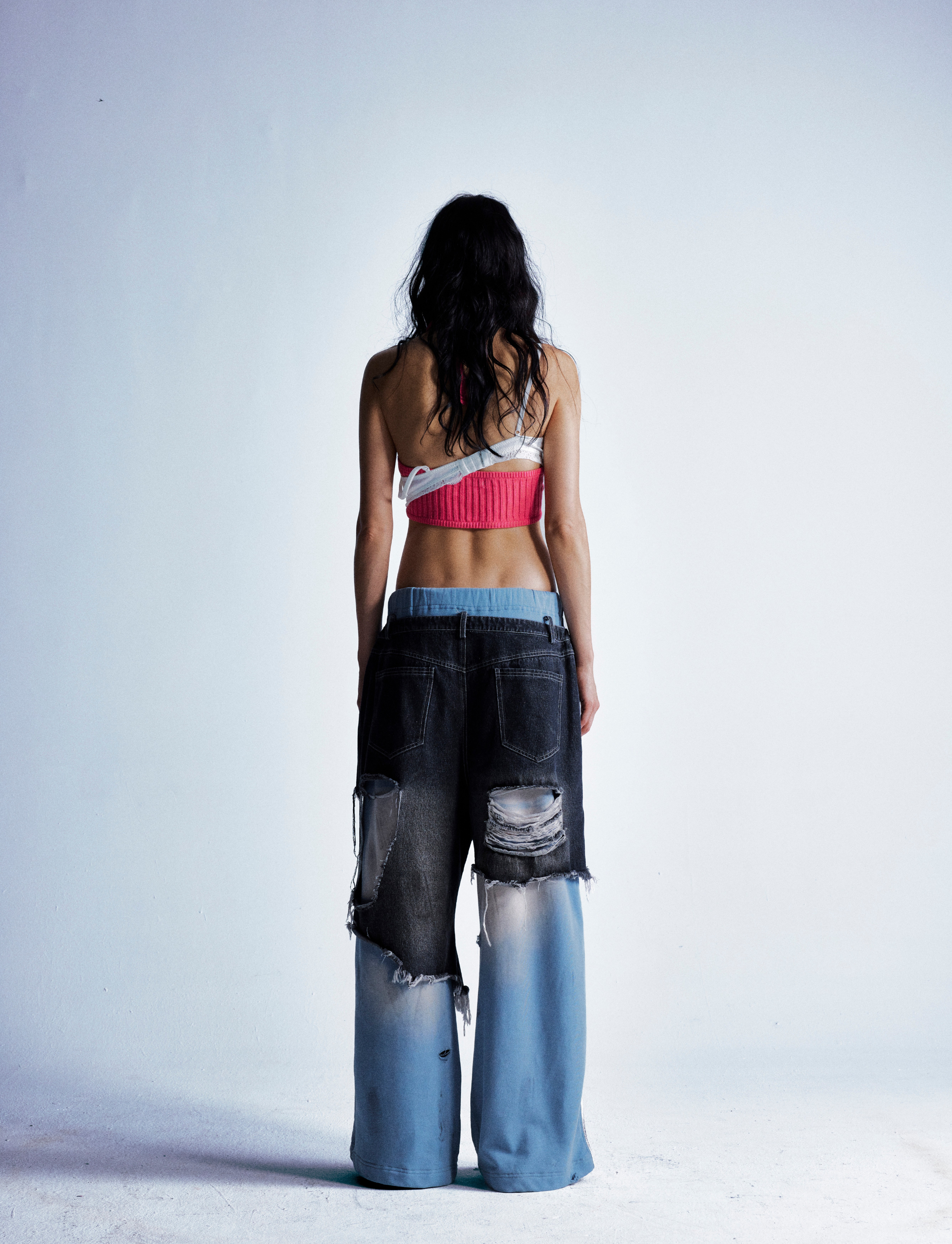 Omirad Dual-Tone Distressed Patchwork Barrel-Leg Jeans