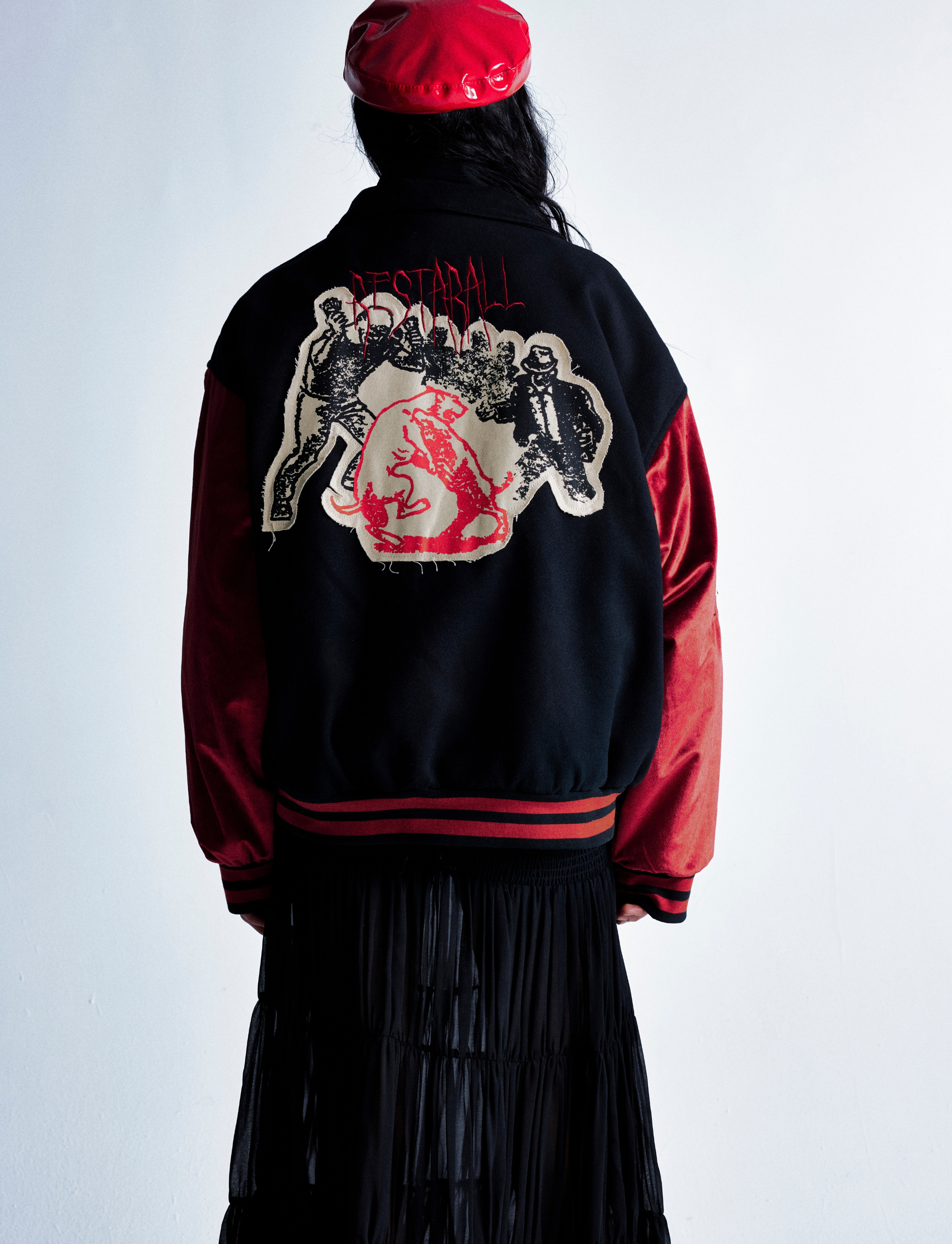 Retro Punk Varsity Jacket | Black & Red Graphic Bomber