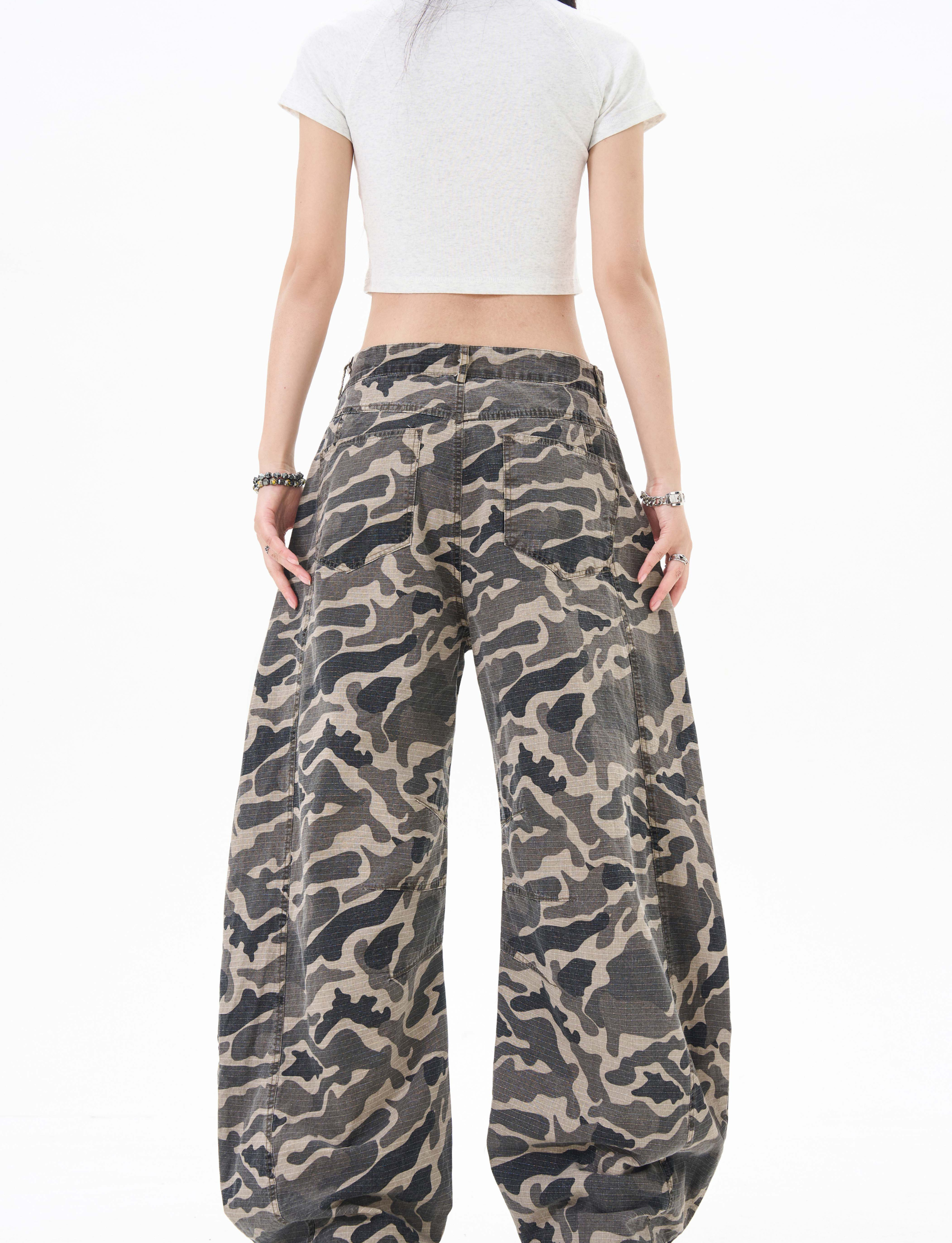 Grey Camo Barrel Pants | Wide-Leg Ripstop Cotton Trousers