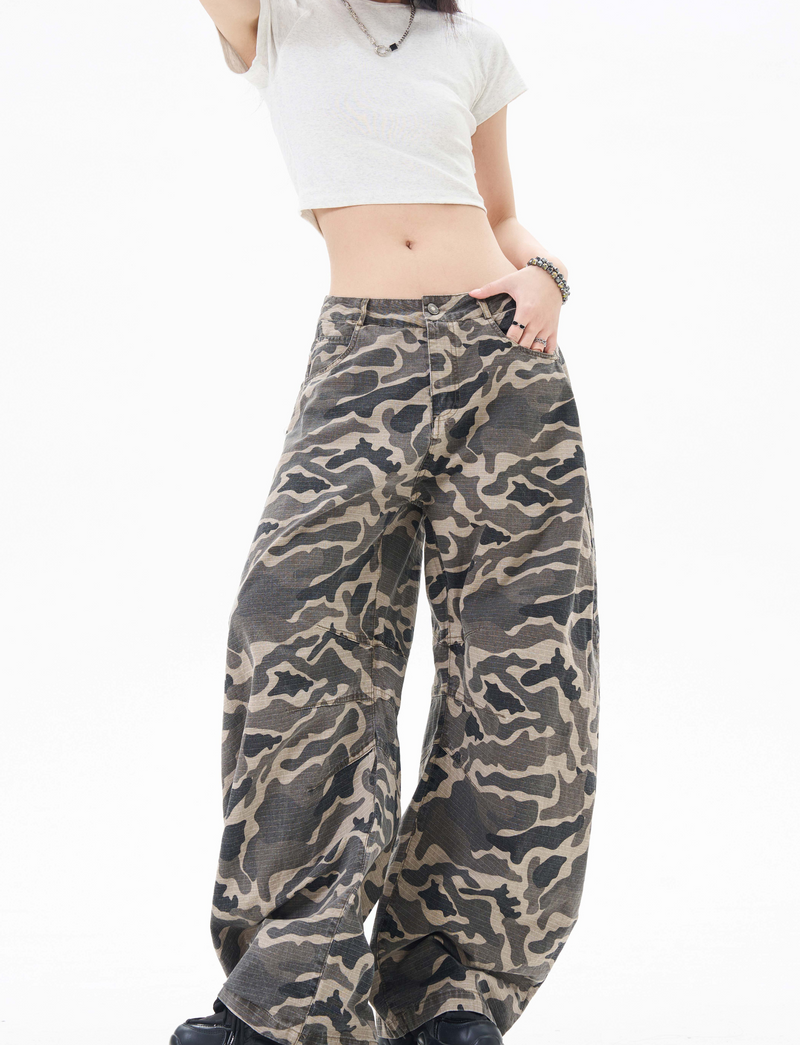 Grey Camo Barrel Pants | Wide-Leg Ripstop Cotton Trousers