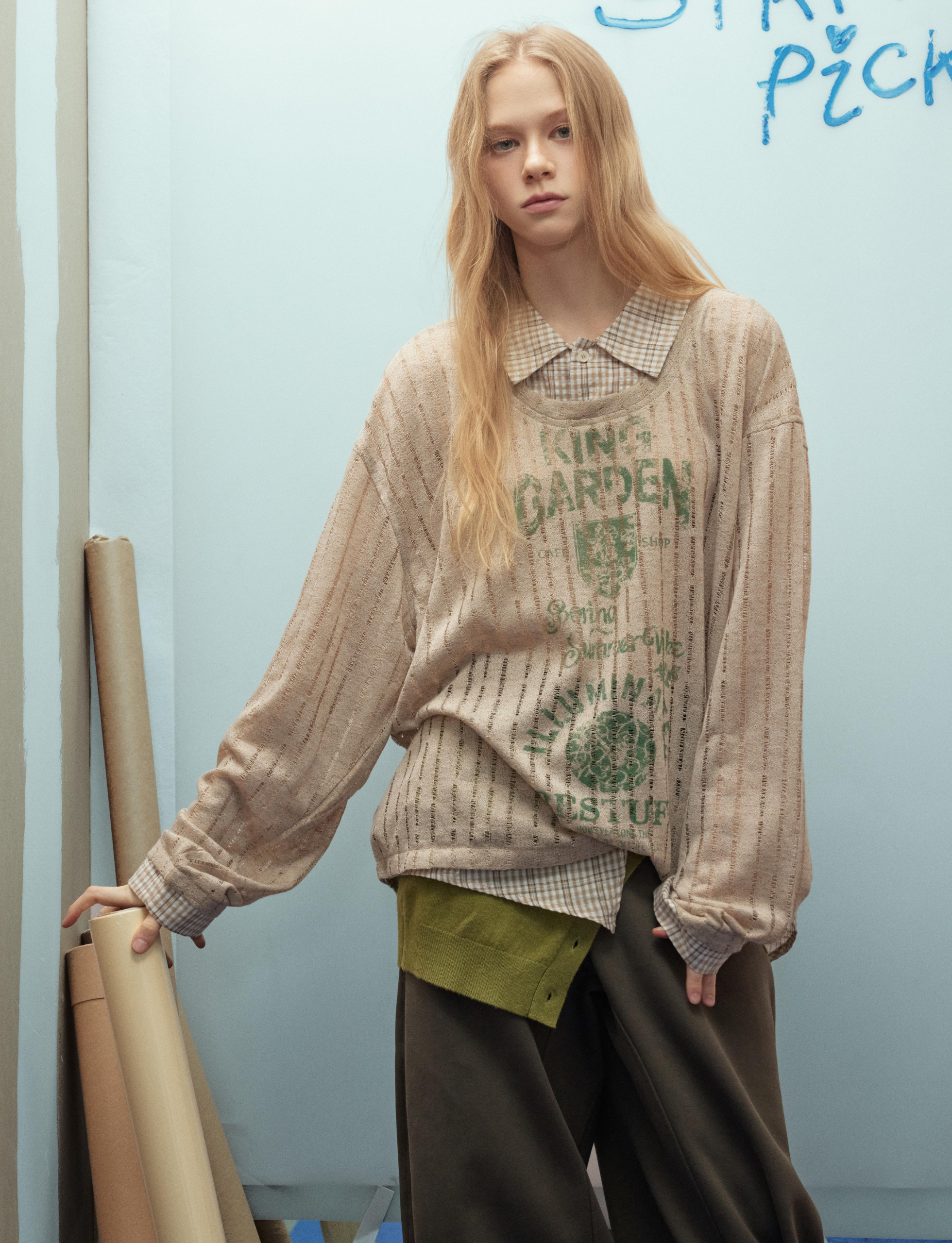 Layered Mesh Graphic Top | Sheer Overlay Plaid Collar