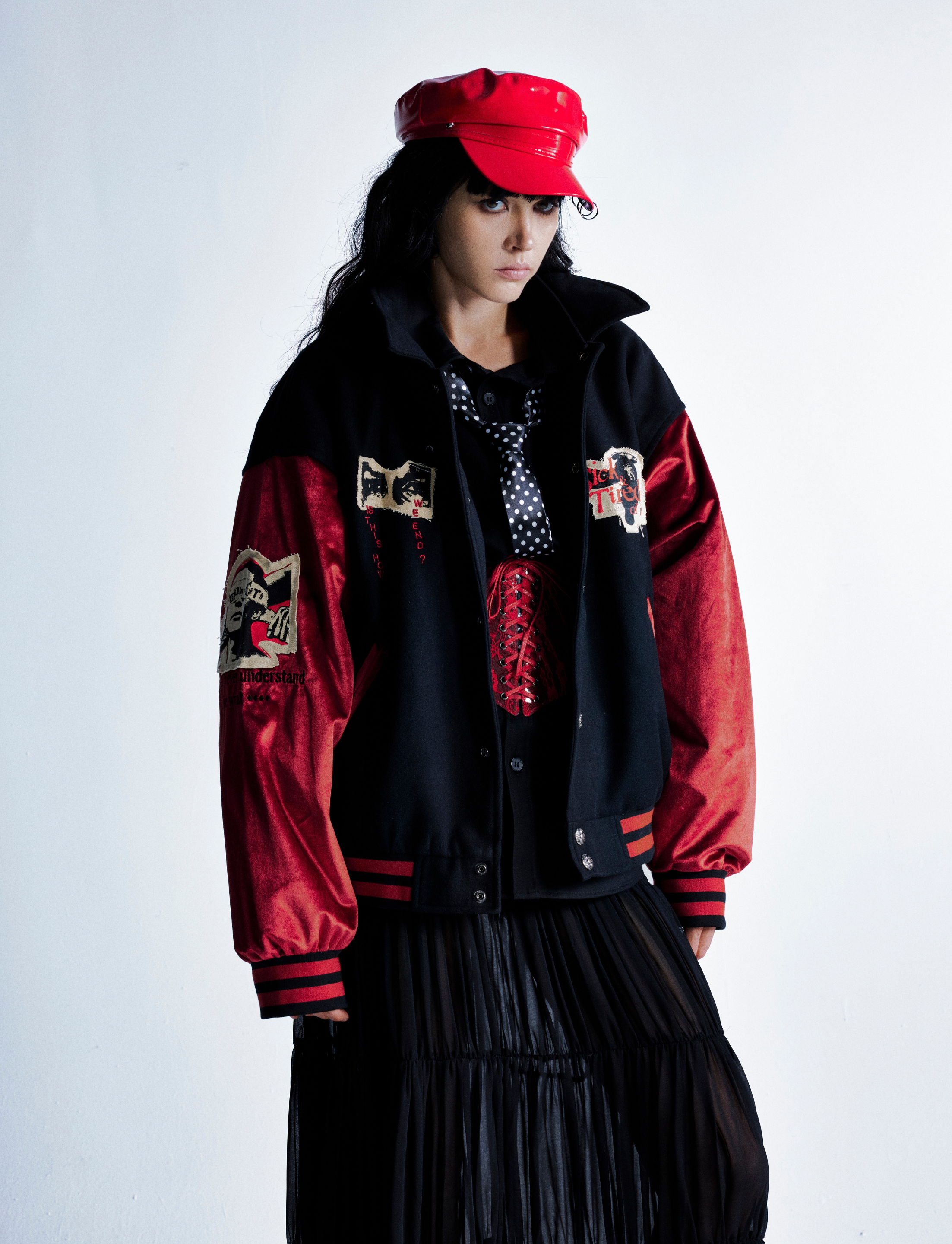 Retro Punk Varsity Jacket | Black & Red Graphic Bomber