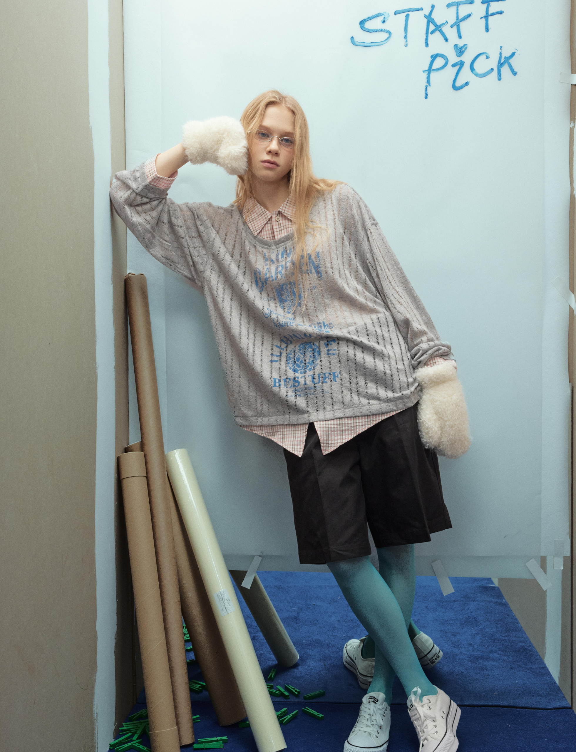 Layered Mesh Graphic Top | Sheer Overlay Plaid Collar