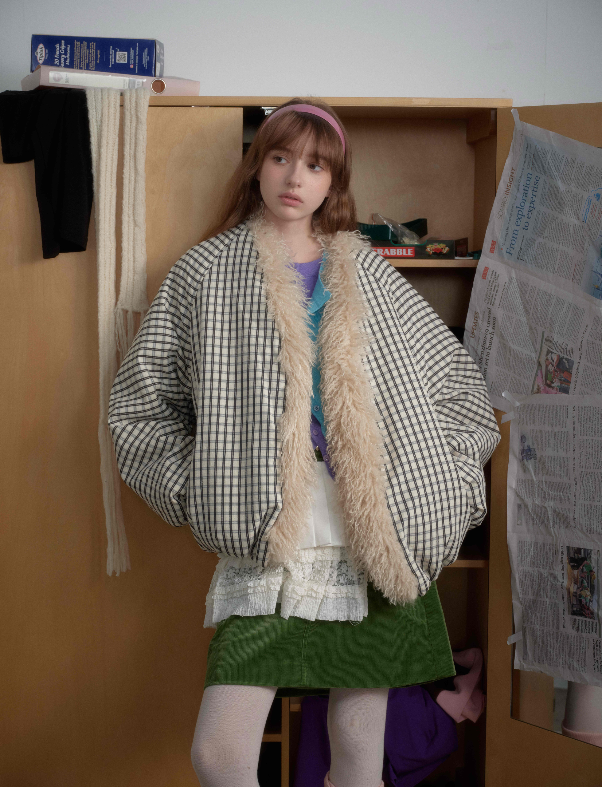 Checkered Faux-Fur Lined Oversized Jacket | SEAKOFF