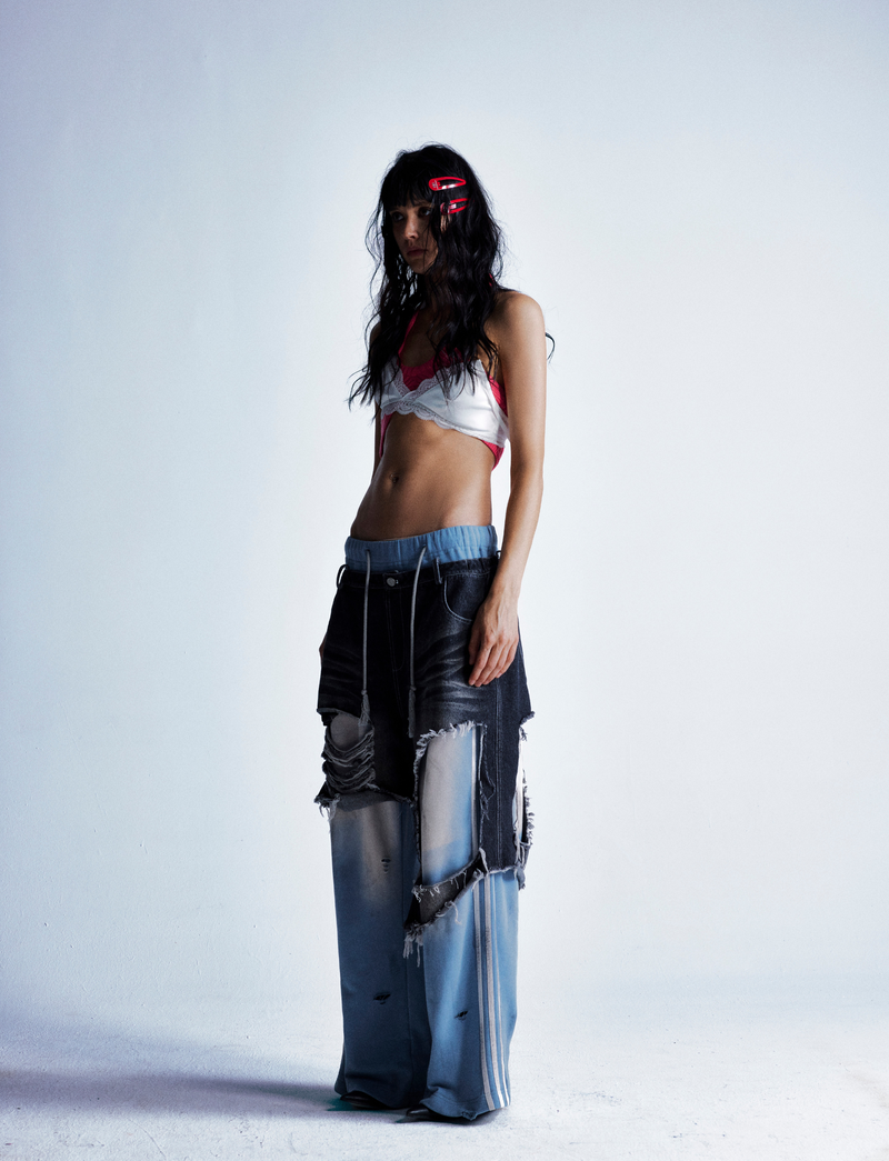 Omirad Dual-Tone Distressed Patchwork Barrel-Leg Jeans