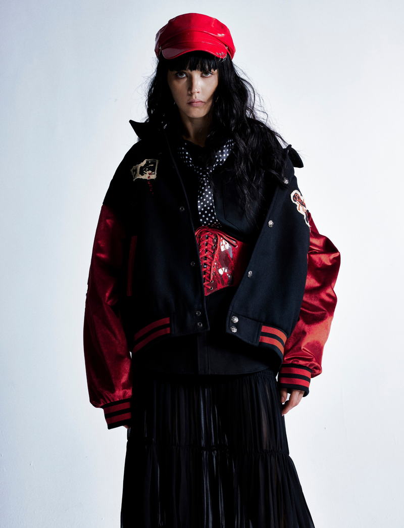 Retro Punk Varsity Jacket | Black & Red Graphic Bomber