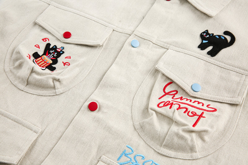 Cartoon Embroidery Cotton Utility Jacket | Streetwear