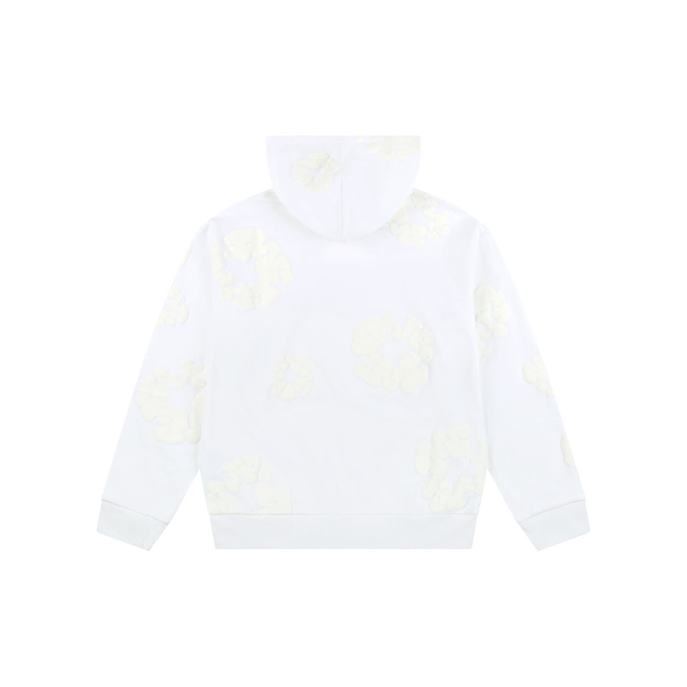 The White Monochrome “Cotton Wreath” Denim Tears Hoodie is shown from the back with faint light yellow cloud-like patterns, adding a subtle twist to minimal streetwear. The background is plain white.