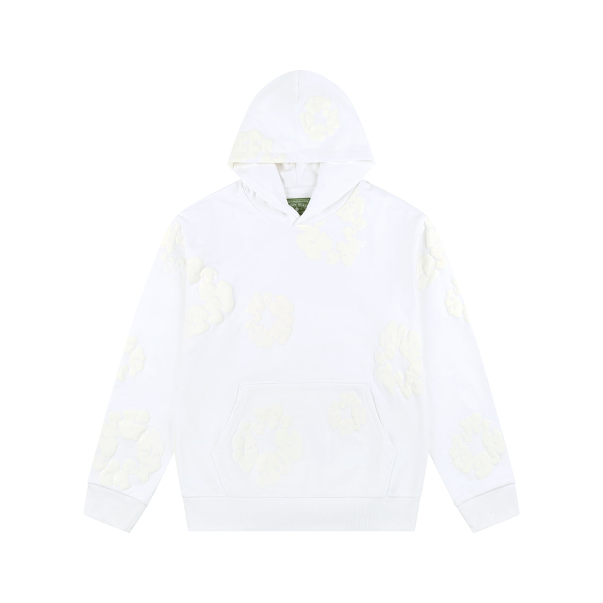 The White Monochrome “Cotton Wreath” Denim Tears Hoodie is a minimal streetwear sweatshirt featuring faint yellow cloud-like patterns and a front pocket, shown on a plain white background.