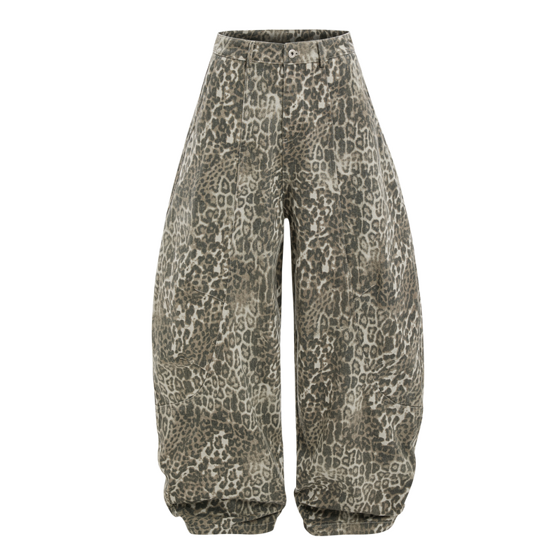 Front view of wide leg leopard print barrel pants with high waist and button closure