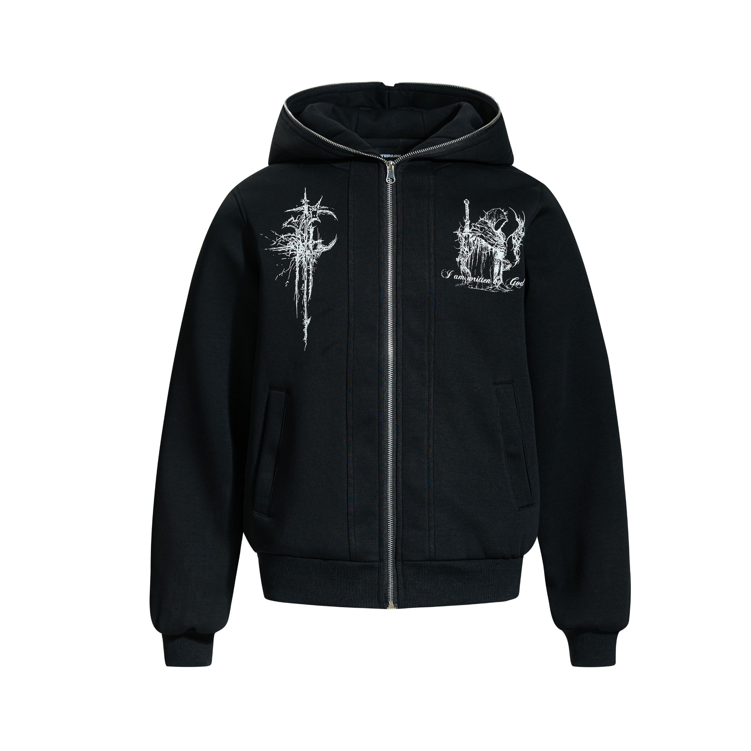 Gothic Line Art Zip-Up Hoodie | Dark Streetwear Cotton