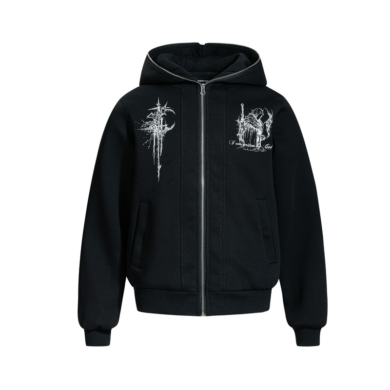 Black zip-up hoodie with white gothic chest graphics, front view