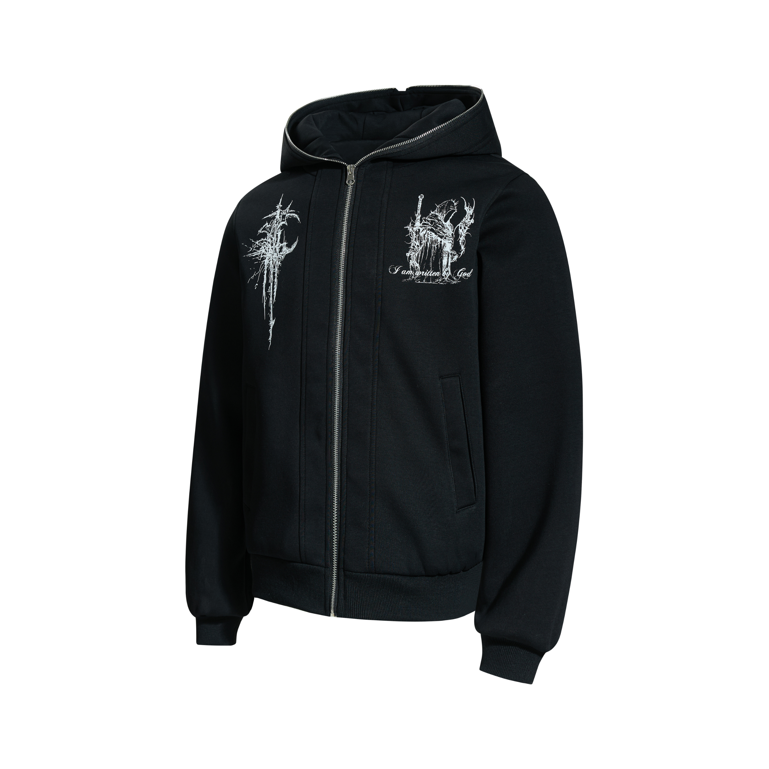 Gothic Line Art Zip-Up Hoodie | Dark Streetwear Cotton
