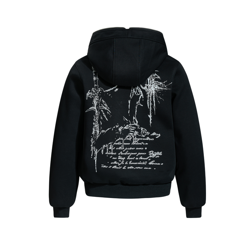Back view of black hoodie with large white gothic graphic print