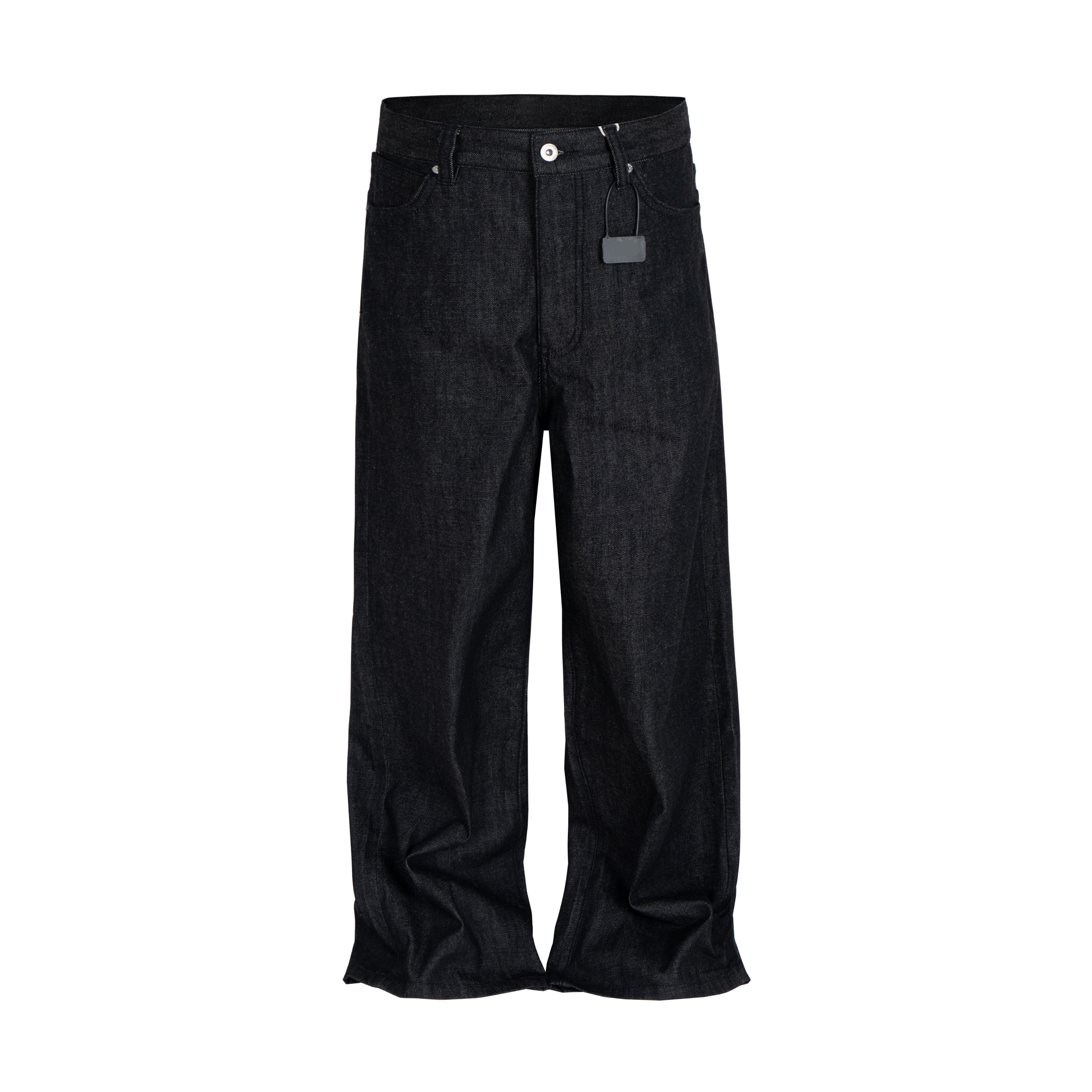 Omirad washed black raw straight denim jeans with stacked hem and silver button closure, front view