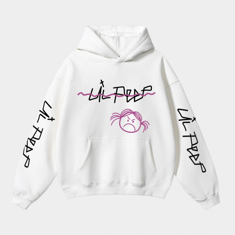 The Lil Peep Hoodie — Sad Face Graffiti Graphic Sweatshirt features black LIL PEEP text, a pink stylized line, and a simple sad face with pigtails—ideal Lil Peep merch for men & women.