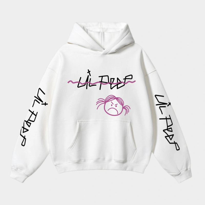The Lil Peep Hoodie — Sad Face Graffiti Graphic Sweatshirt features black LIL PEEP text, a pink stylized line, and a simple sad face with pigtails—ideal Lil Peep merch for men & women.