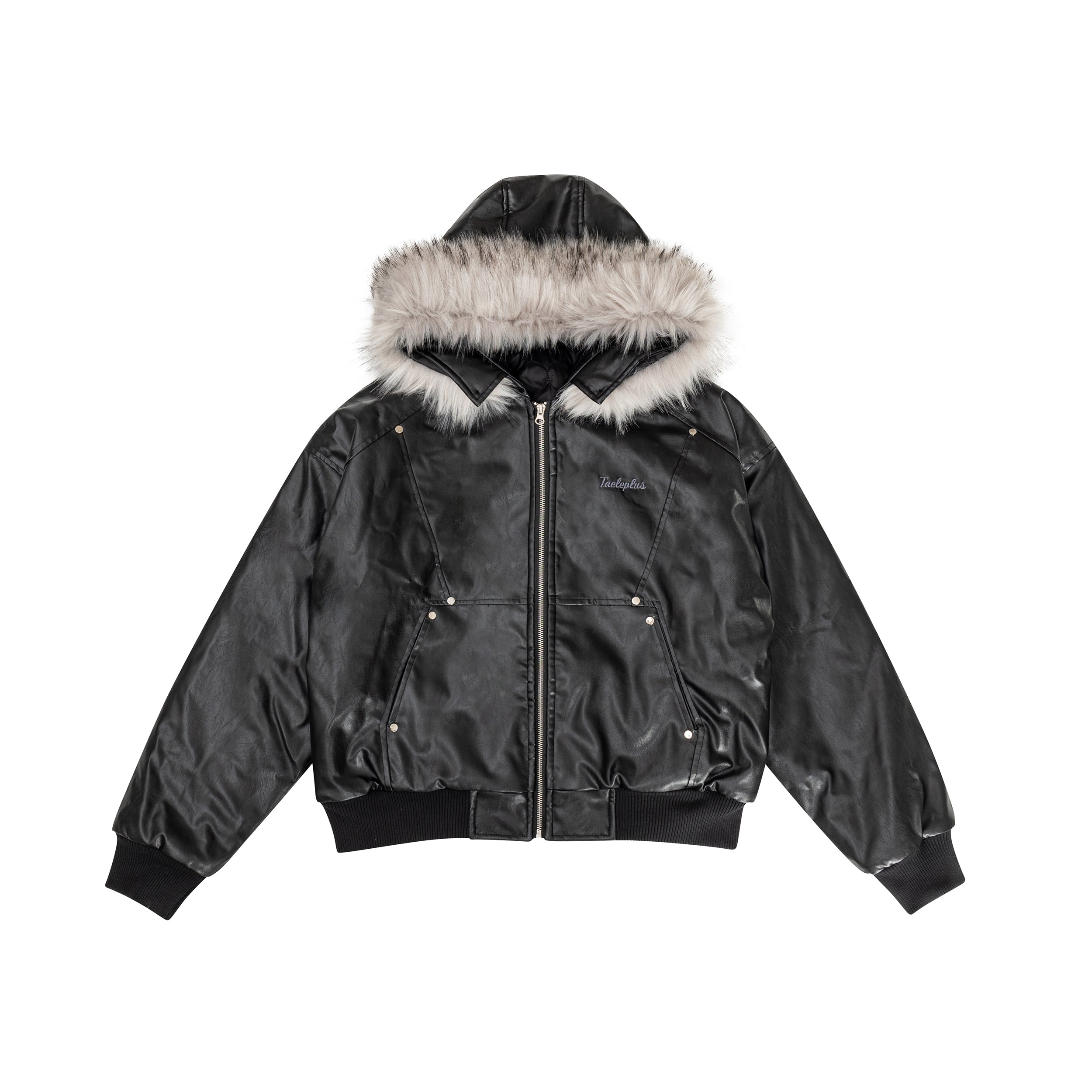 Black faux leather hooded bomber jacket with grey faux fur trim, silver zip closure and stud hardware, front view