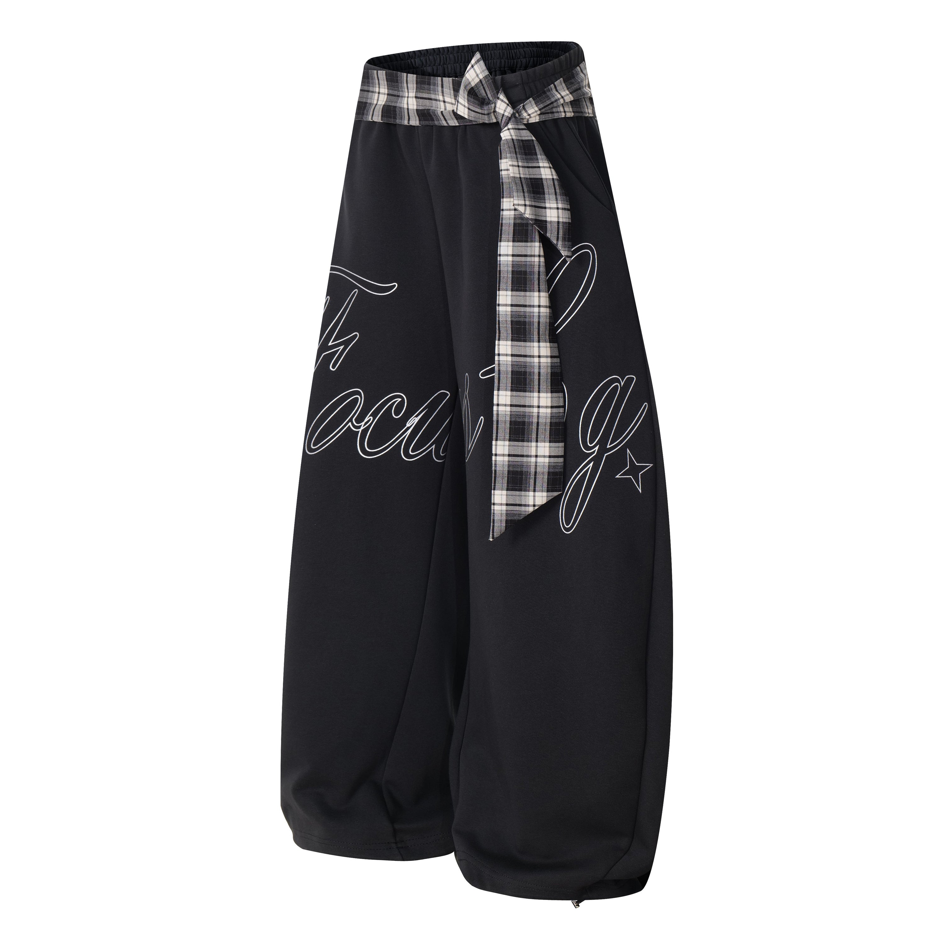 Omirad Plaid-Waist Barrel Track Pants | Bold Script Print