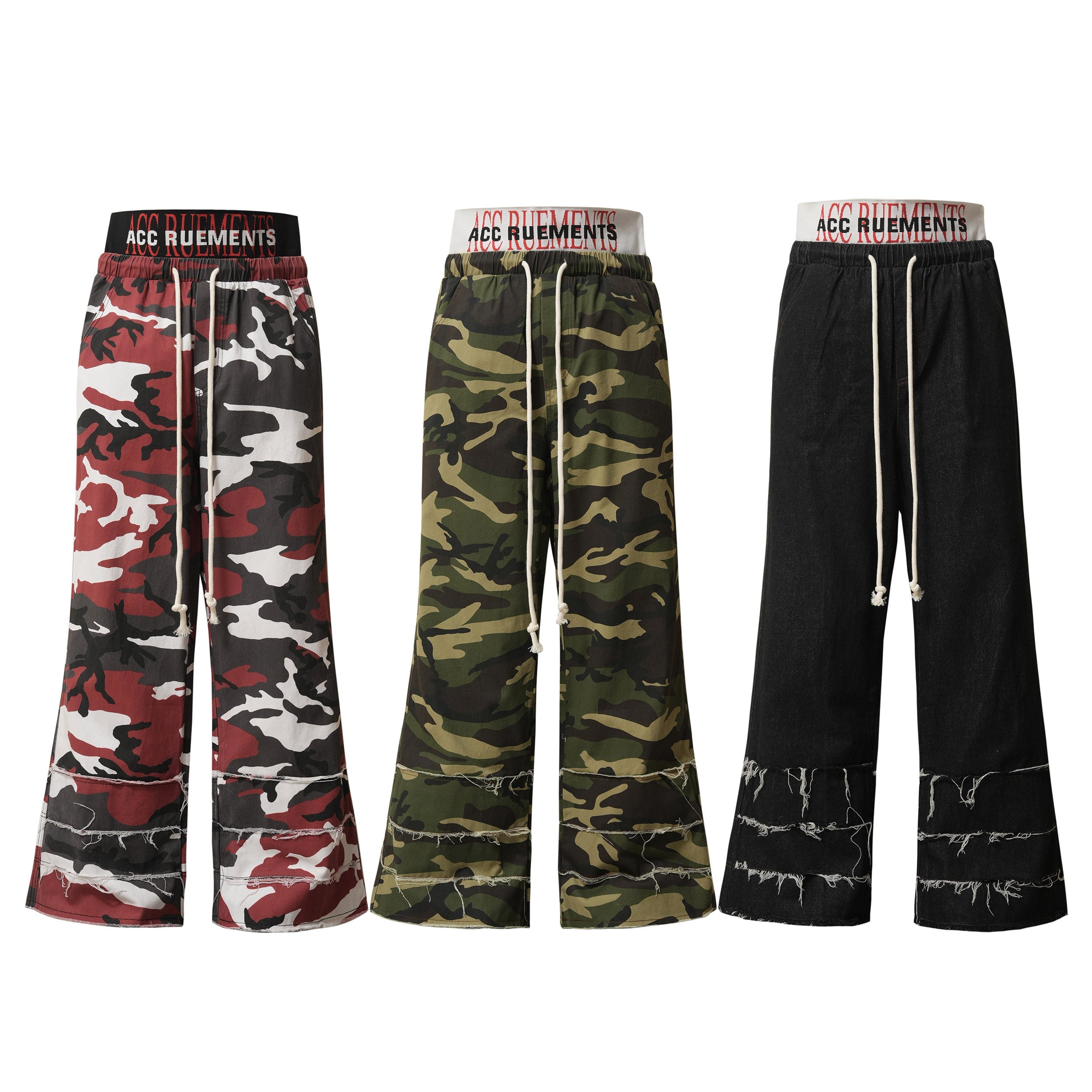 Red camouflage wide-leg sweatpants with ACC Ruements branded black elastic waistband and frayed distressed hem panels