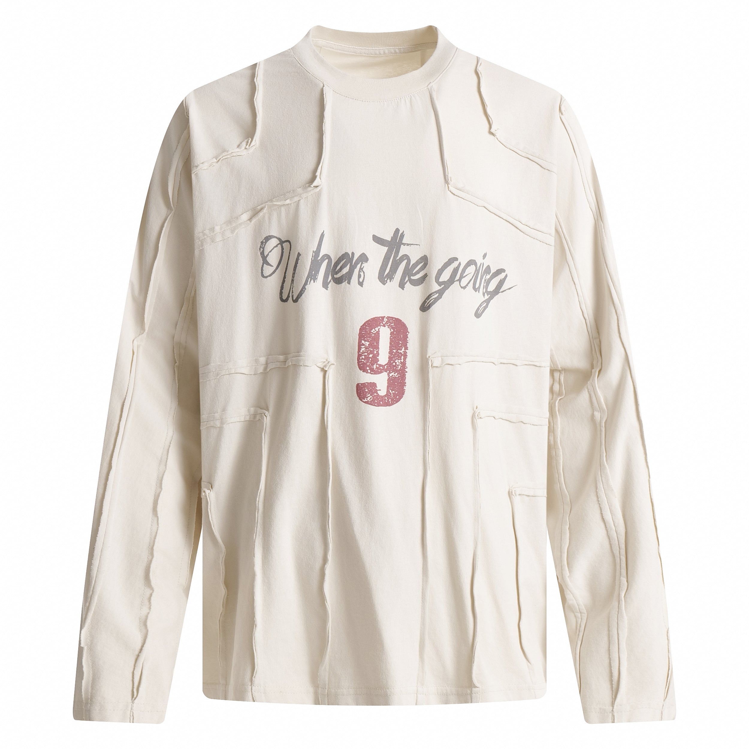 Off-white deconstructed patchwork long sleeve tee with exposed seams and distressed script graphic print on chest