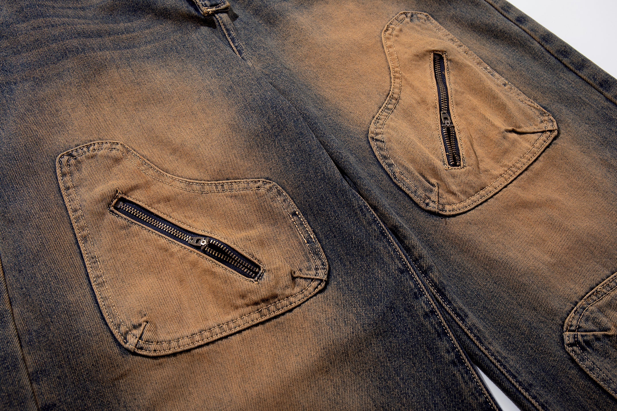 Sand-Fade Utility Wide-Leg Jeans with Zip Pockets