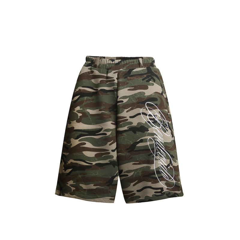 Front view of loose camo print shorts with elastic waistband and drawstring