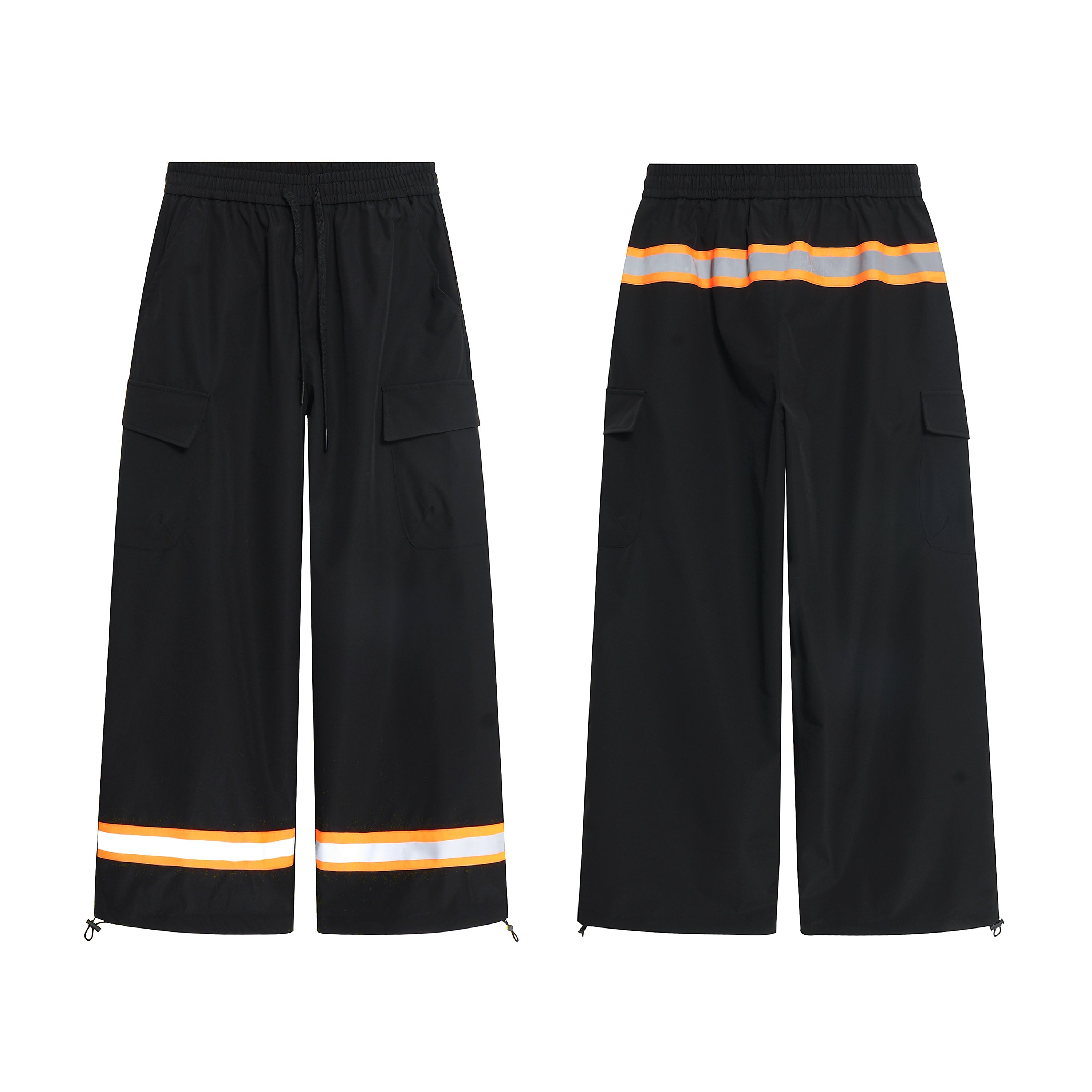 Black wide-leg cargo pants with orange and reflective stripe trim at cuffs, shown front and back view on white background