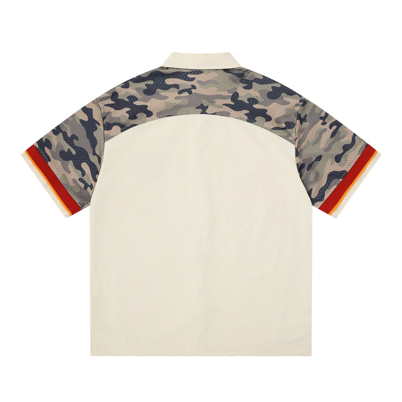 Beige streetwear button-up shirt with camo panel sleeves and striped red-orange cuff accents, shown from the back