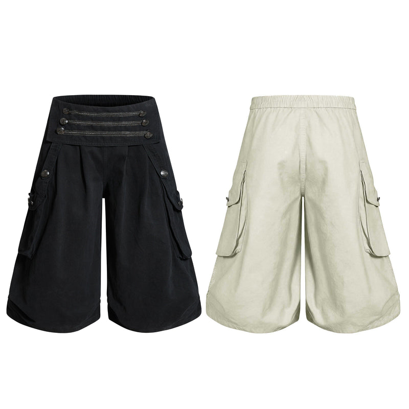 Black and cream wide-leg cargo shorts shown front and back with flap pockets and decorative button trim