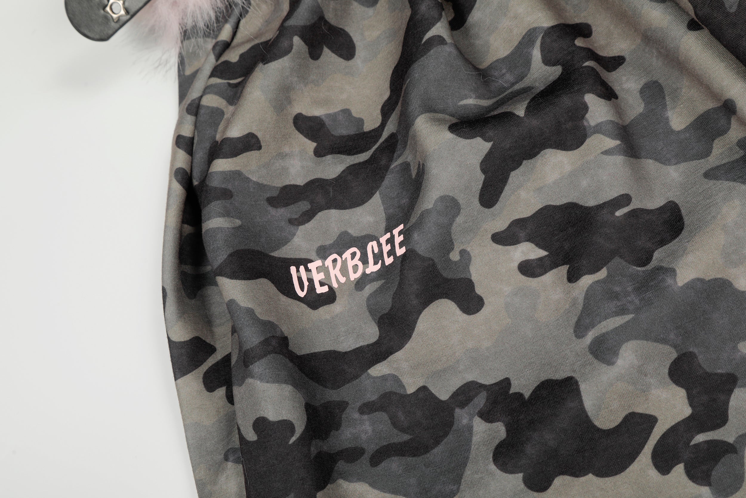 Camo Wide-Leg Pants with Pink Faux Fur Trim & Studded Belt
