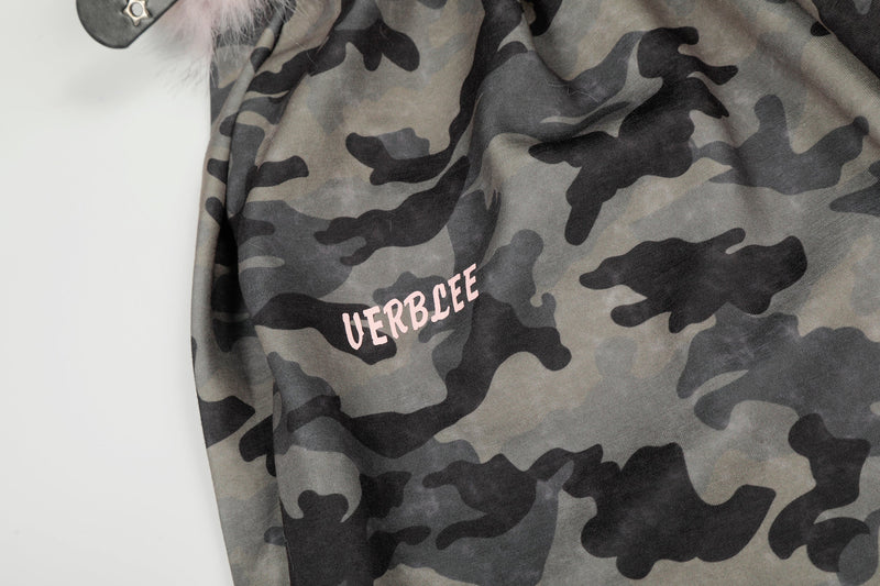 Camo Wide-Leg Pants with Pink Faux Fur Trim & Studded Belt