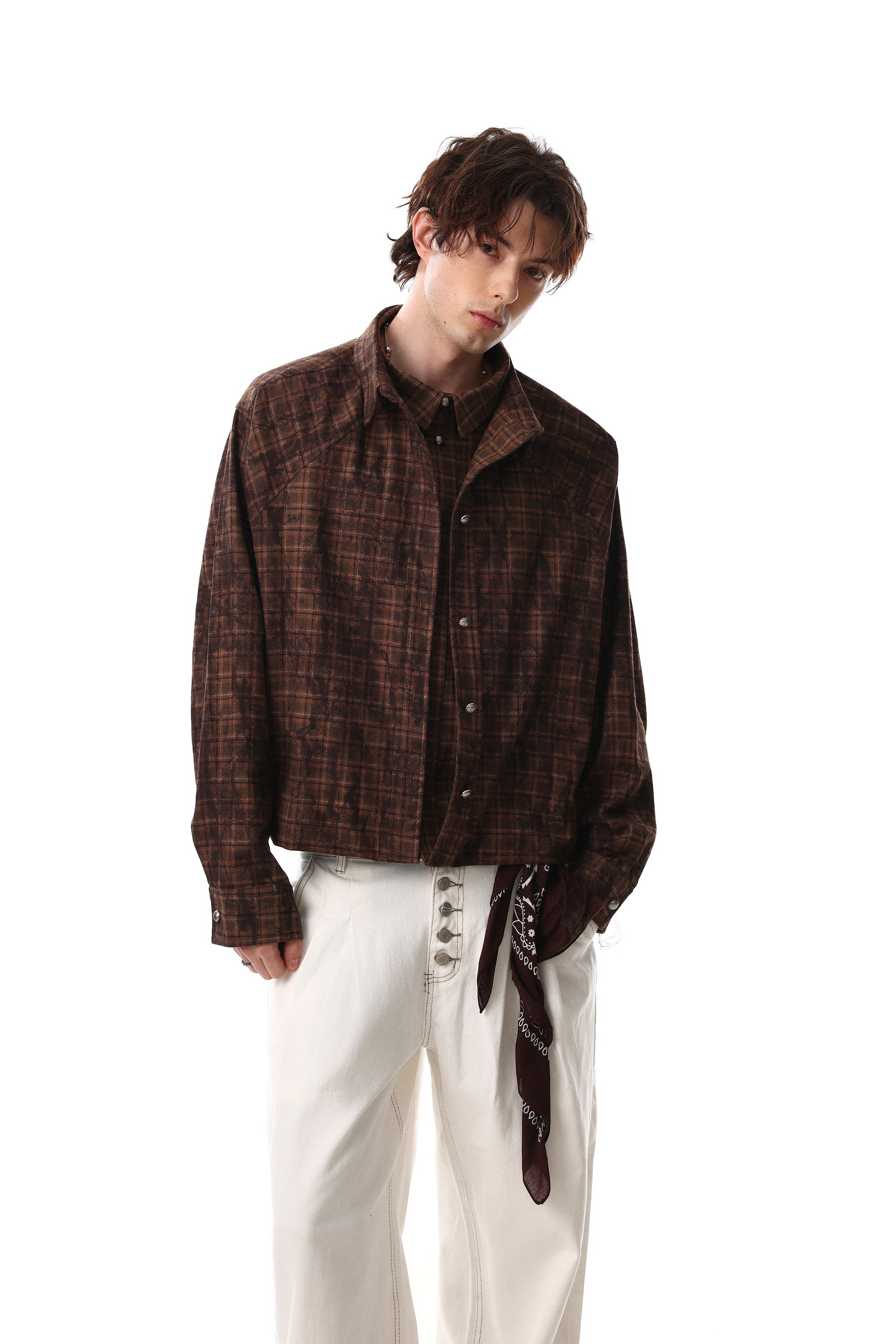 Omirad Vintage Washed Plaid Button-Up Jacket | Cropped Boxy Fit