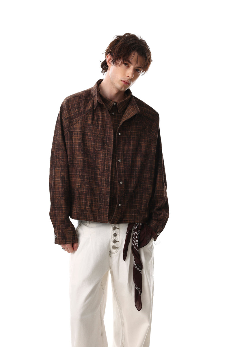 Omirad Vintage Washed Plaid Button-Up Jacket | Cropped Boxy Fit
