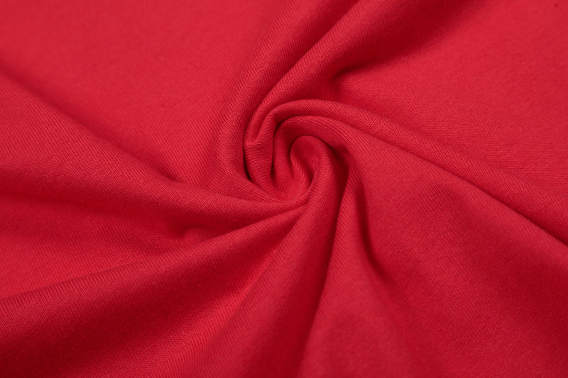 Red short-sleeve tee fabric with a smooth knit texture and draped swirl detail, for a crystal heart graphic shirt