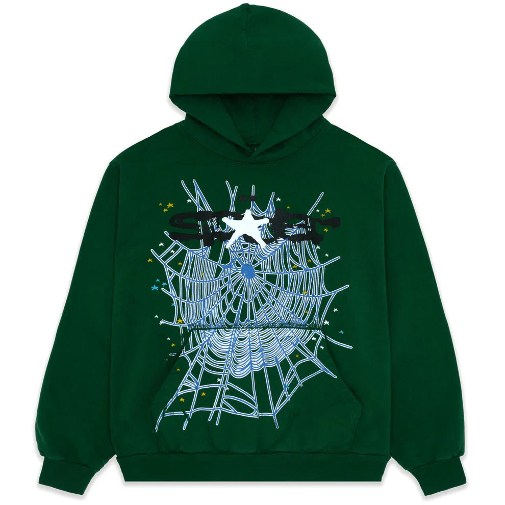 The Dark Green Graphic Hoodie with Spider Web Print is a comfort fit pullover featuring a bold white spider web, white spider, and colorful stars on the front—perfect for adding standout style to your everyday streetwear look.