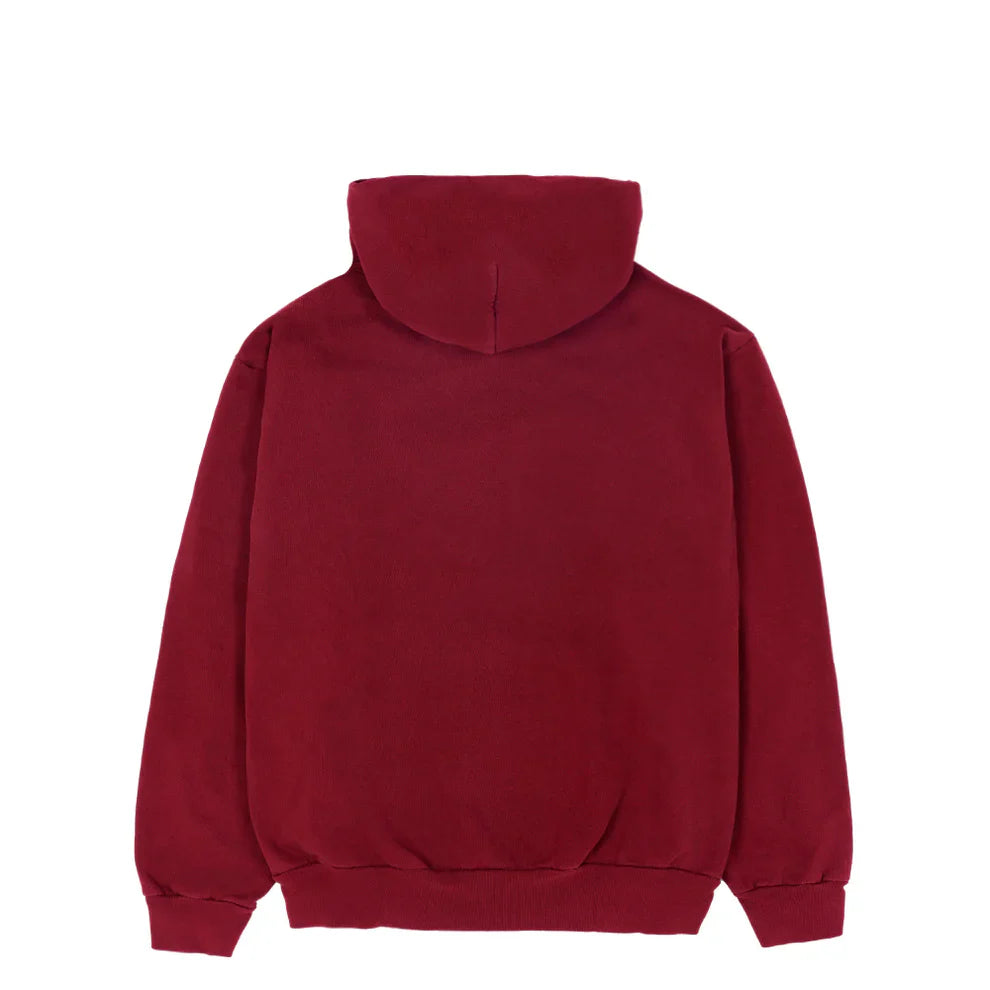 A heavyweight 440GSM burgundy graphic hoodie with a spider web print, shown from the back with a hood, long sleeves, and ribbed cuffs and waistband; comfort fit pullover style.