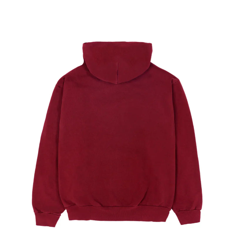 A heavyweight 440GSM burgundy graphic hoodie with a spider web print, shown from the back with a hood, long sleeves, and ribbed cuffs and waistband; comfort fit pullover style.