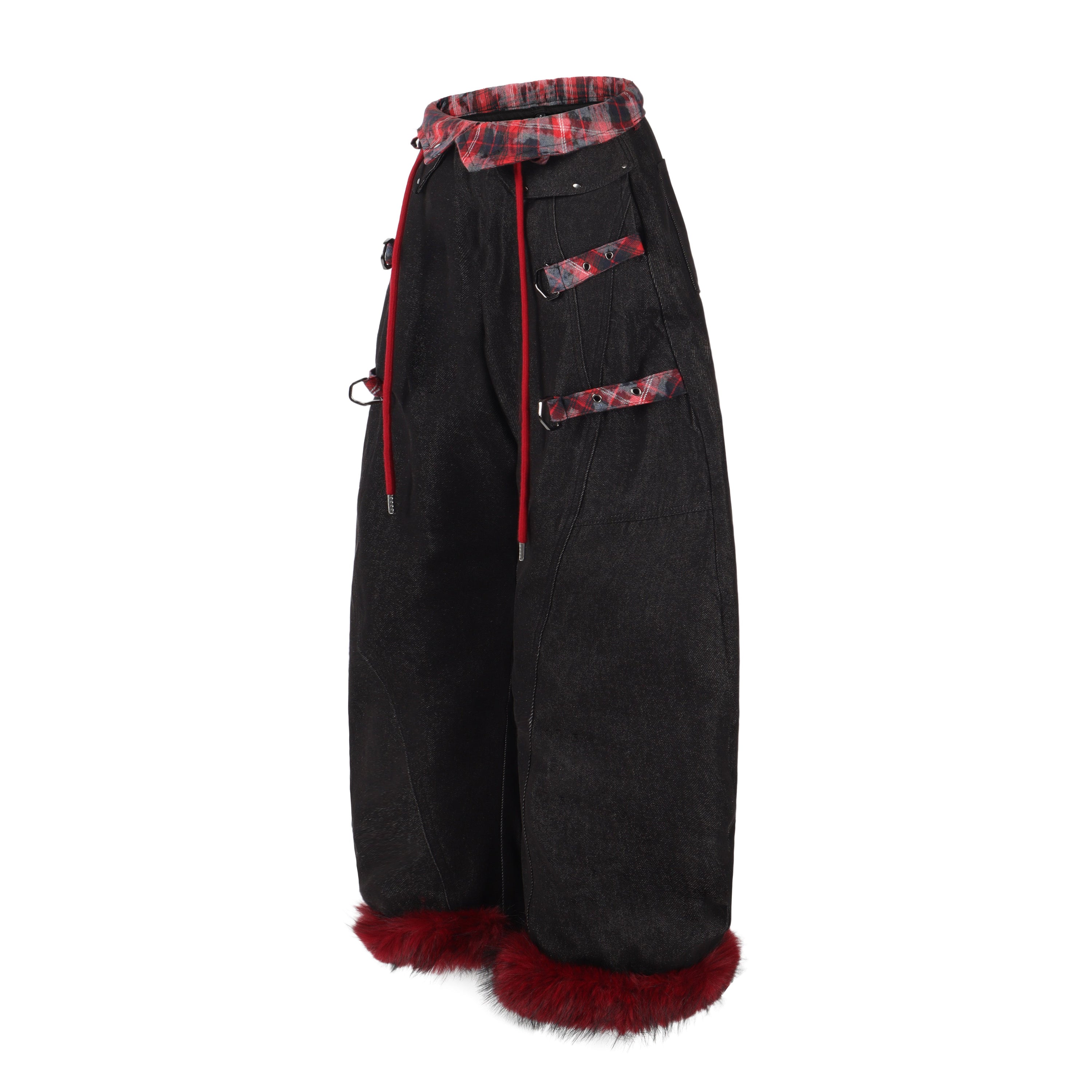 Omirad Flannel-Lined Faux Fur Barrel Leg Denim Pants