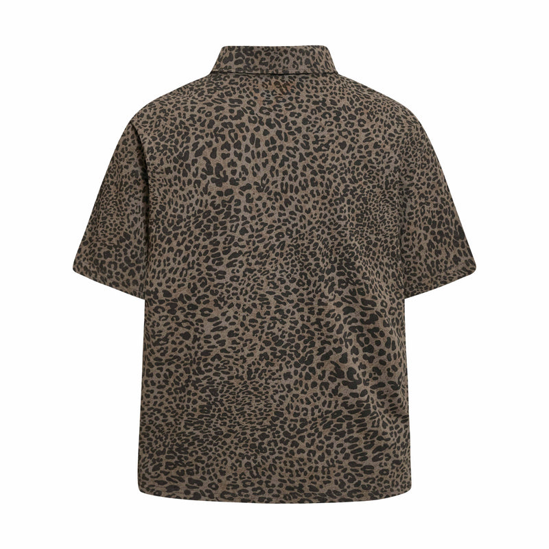 Brown leopard print polo tee with short sleeves and a collared neckline, shown flat on a white background