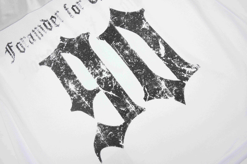 White mesh sport tee with oversized distressed black gothic print and Seakoff branding on the chest
