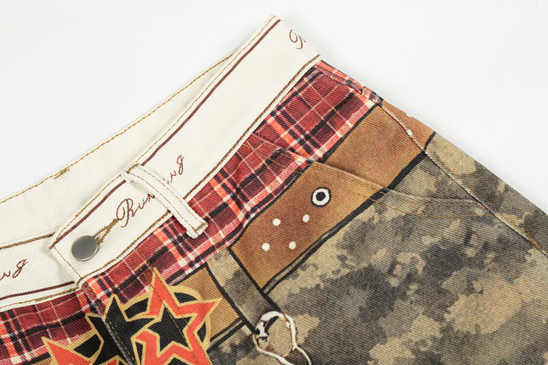 Close-up of top waistband corner showing plaid patchwork, button, and stitched denim trim