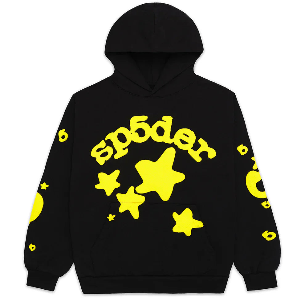 The Black Graphic Hoodie with Star Lettering Print features bold yellow stars and "sp5der" text on the front, plus star prints on both sleeves—a comfort fit streetwear pullover perfect for everyday wear.