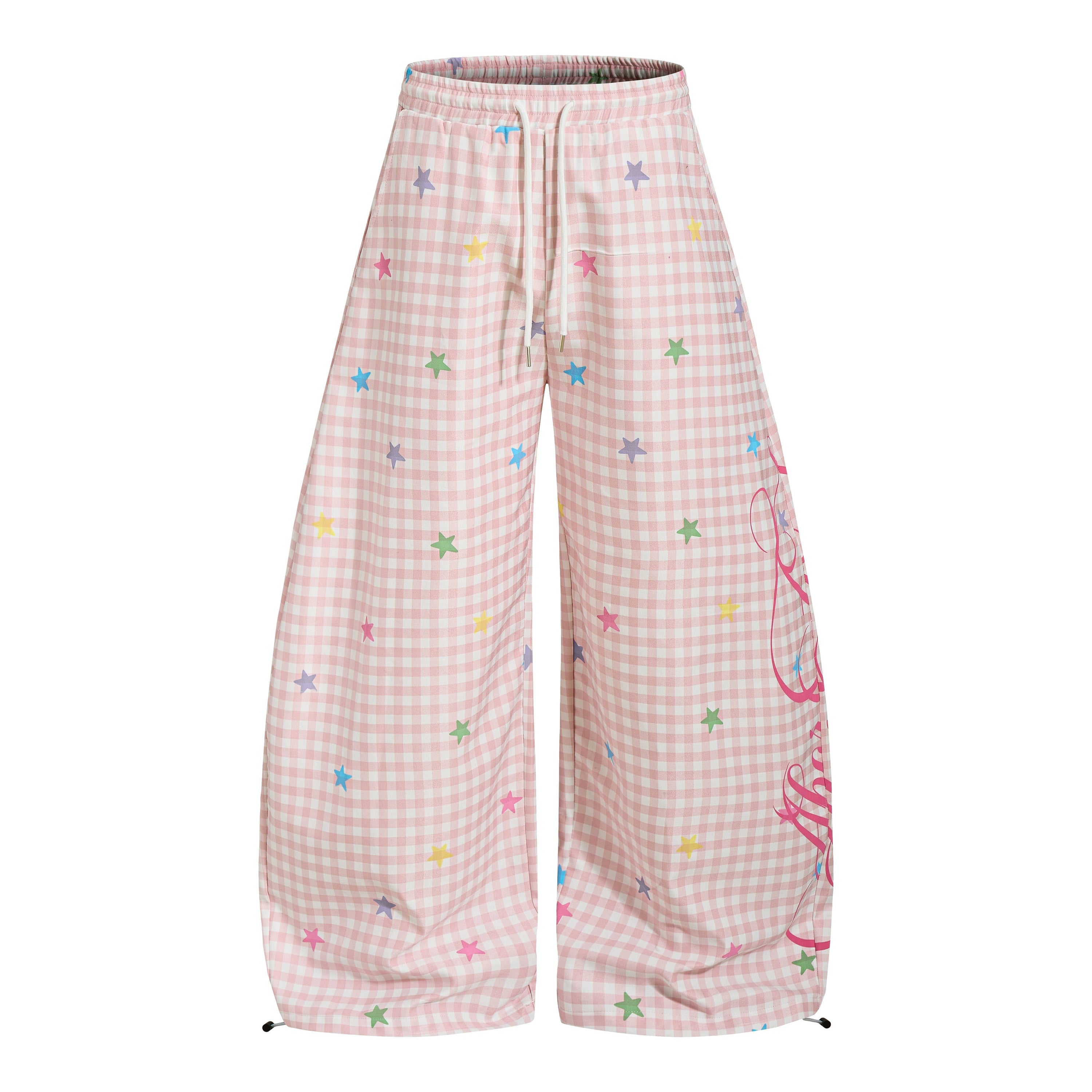 Pastel Gingham Balloon Pants | Y2K Wide-Leg Star Print