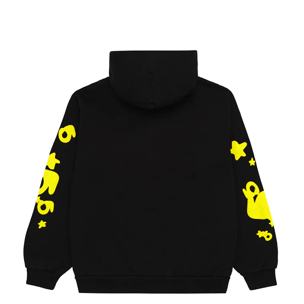 The Black Graphic Hoodie with Star Lettering Print features bright yellow abstract shapes and star designs on both sleeves, hood up, for an edgy streetwear look. This comfort fit pullover is perfect for everyday wear.