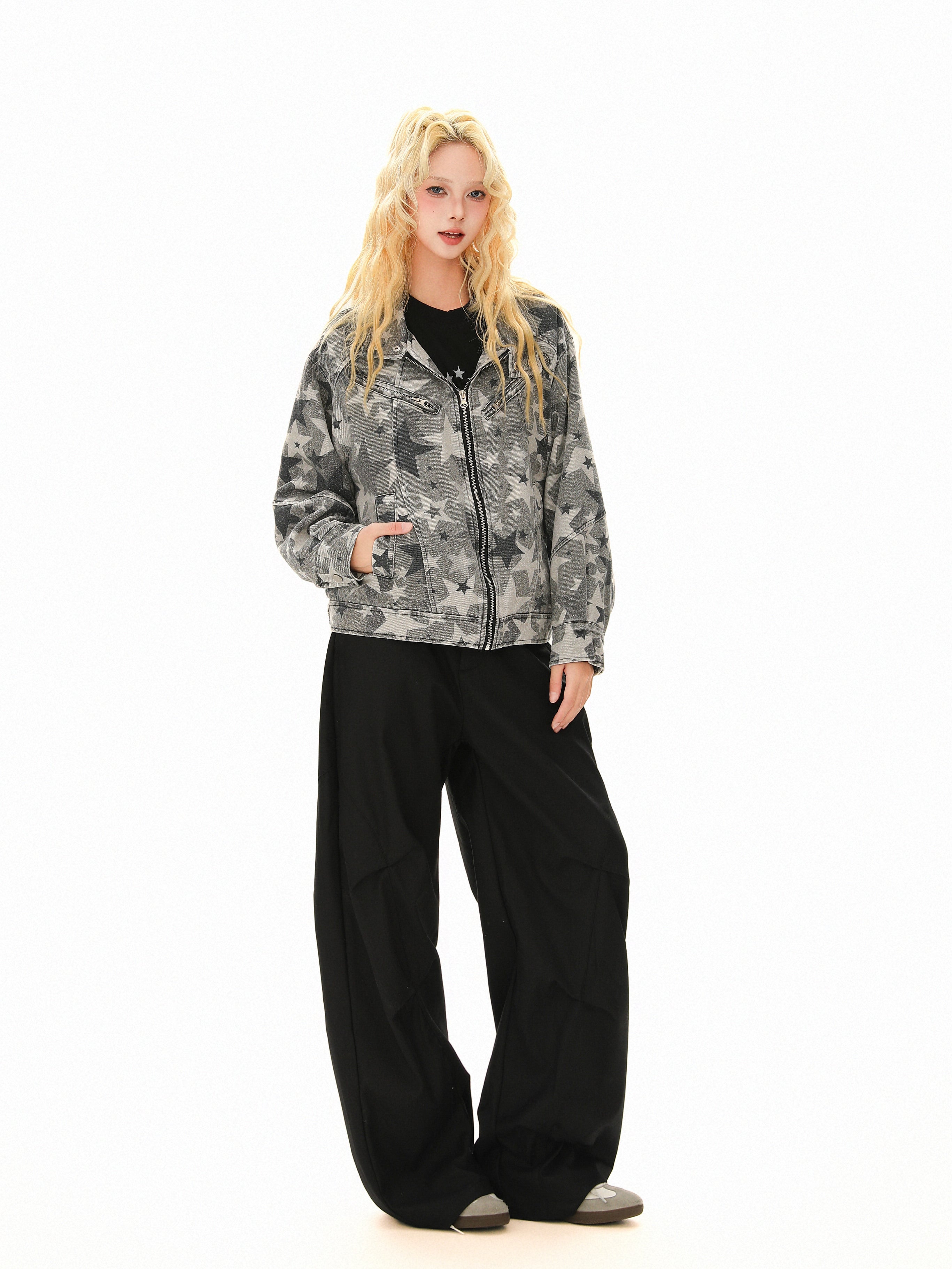 Omirad All-Over Star Print Washed Denim Jacket | Grayscale